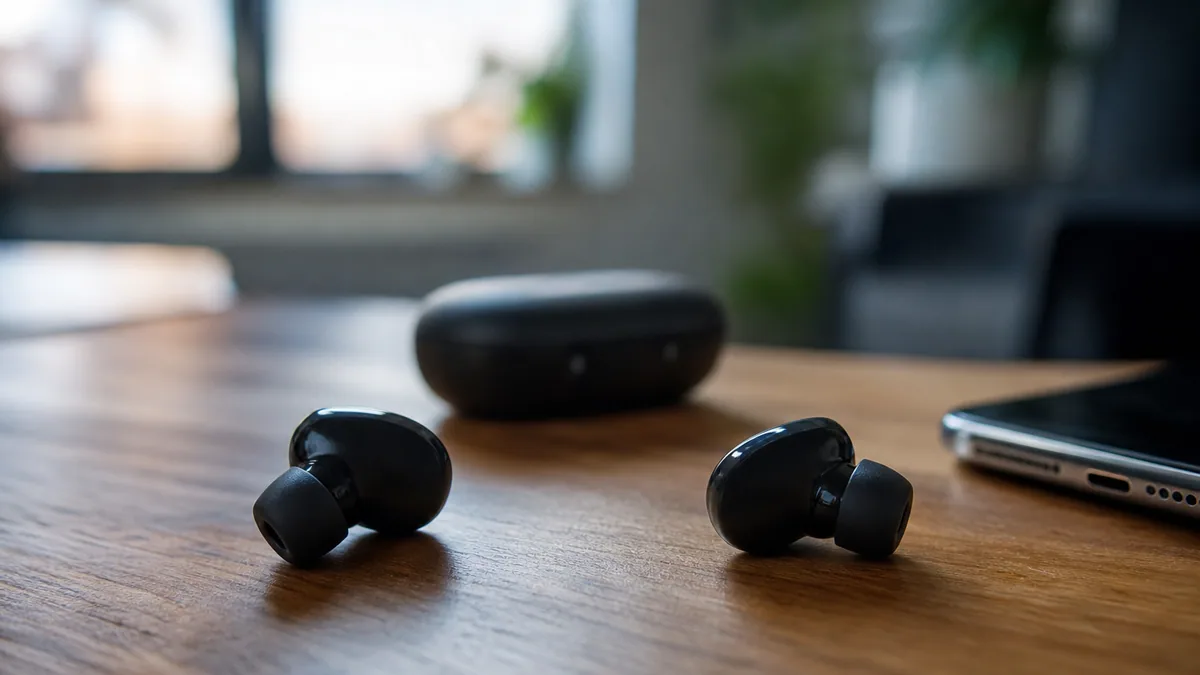 Écouteurs sans fil intra-auriculaires posés à côté de leur boîtier de charge ouvert