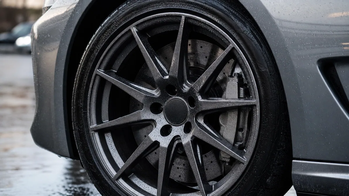 Roue de voiture à l'arrêt avec disque et étrier de frein visibles, carrosserie mouillée