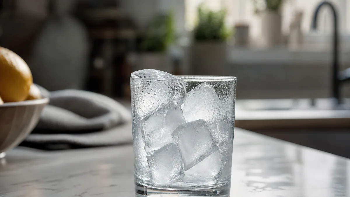 Glaçons dans un verre posé sur un plan de travail de cuisine