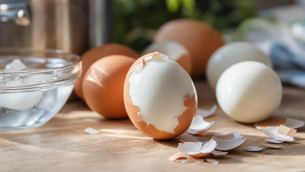 Œufs durs écalés au blanc lisse posés près de coquilles brisées sur un plan de travail