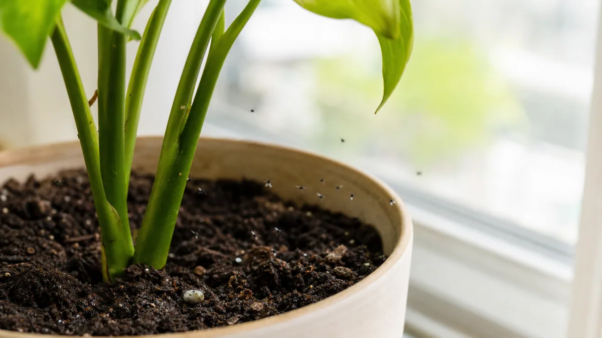 Petites mouches noires volant au-dessus d'un pot de plante d'intérieur posé sur un rebord de fenêtre