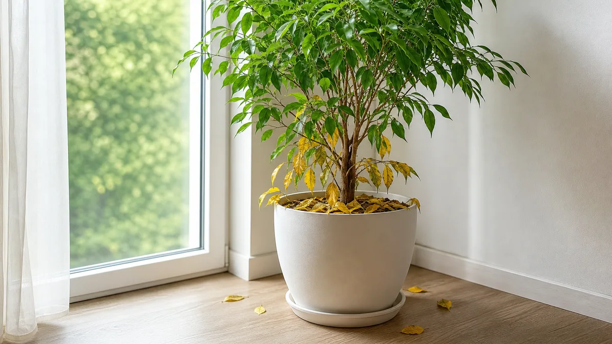 Plante d'intérieur avec des feuilles jaunies et tombantes à la base, feuilles vertes en haut