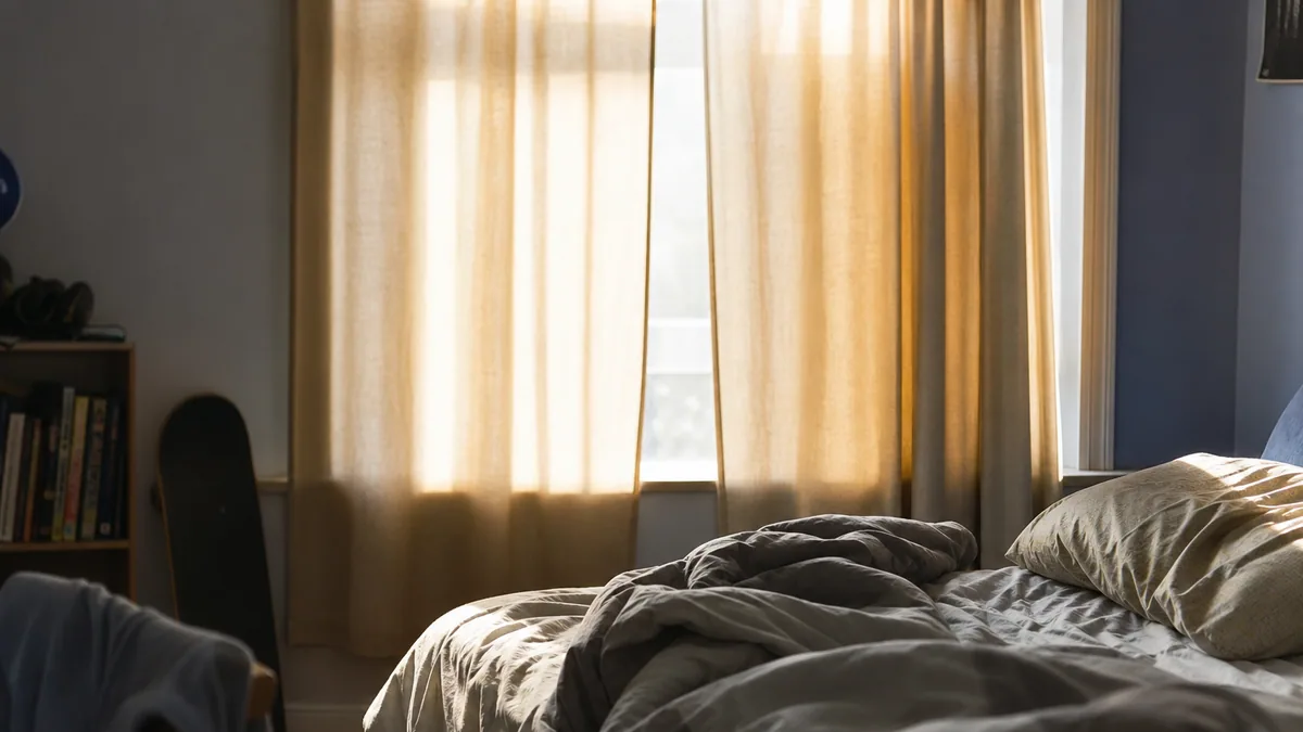 Chambre d'adolescent avec des rideaux fermés et une lumière matinale filtrant légèrement