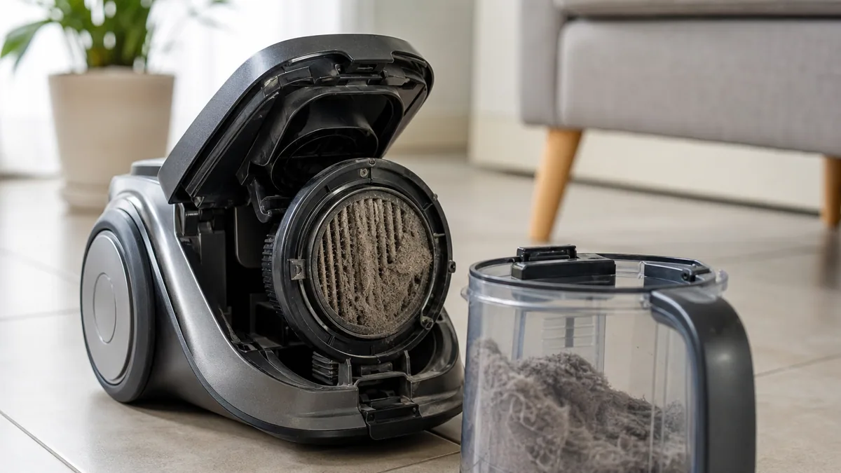 Aspirateur ouvert montrant son filtre encrassé de poussière, posé sur un sol carrelé