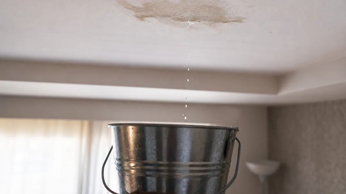 Tache d'humidité sur un plafond avec un seau posé au sol pour recueillir l'eau