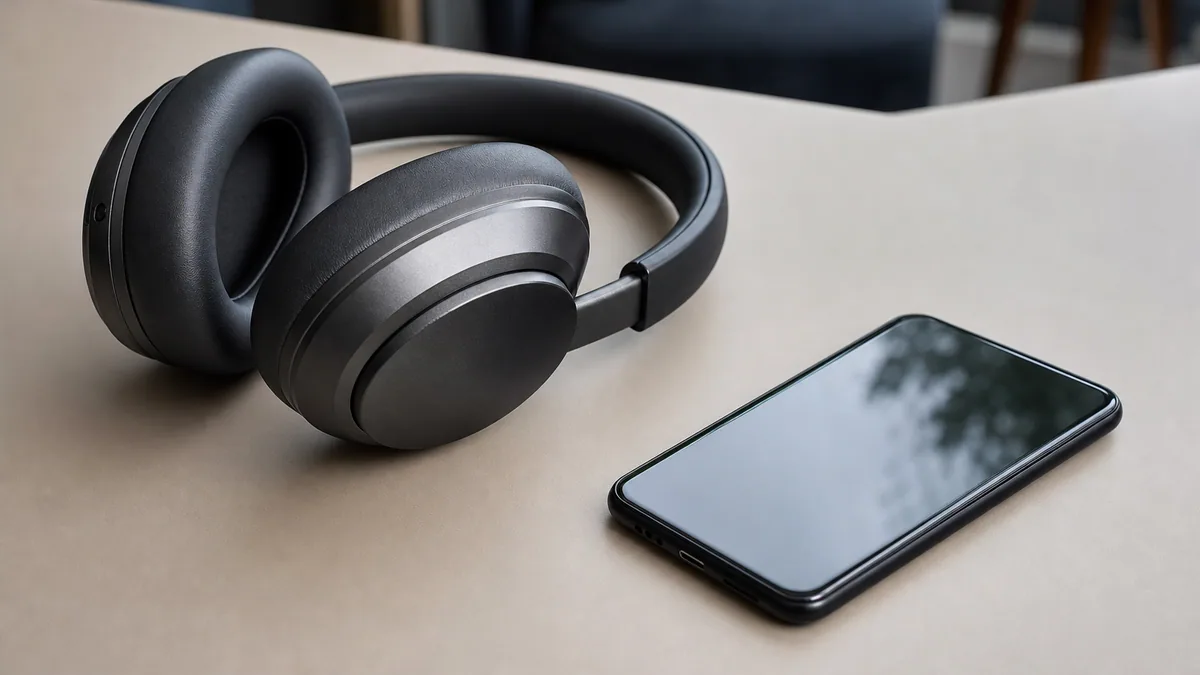 Casque audio sans fil posé à côté d'un smartphone affichant les réglages Bluetooth