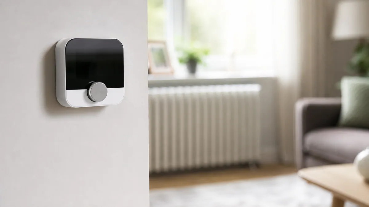 Thermostat mural dans un salon avec un radiateur en arrière-plan