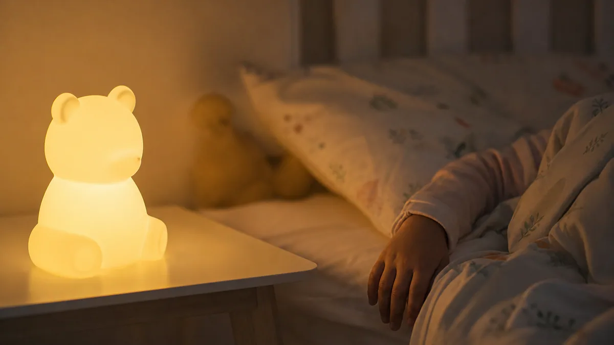 Veilleuse allumée dans la chambre d'un jeune enfant au coucher, lumière douce et rassurante