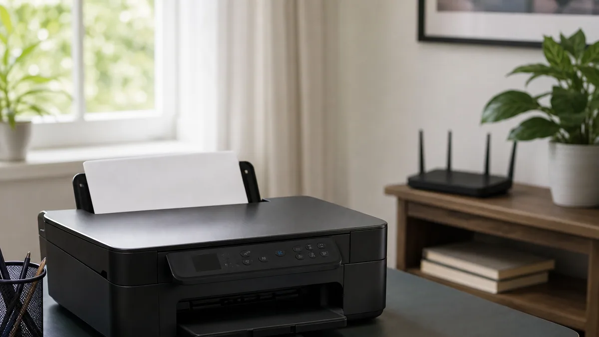 Imprimante multifonction domestique connectée à un routeur wifi dans un bureau