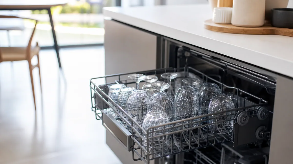 Panier supérieur d'un lave-vaisselle ouvert avec des verres transparents retournés