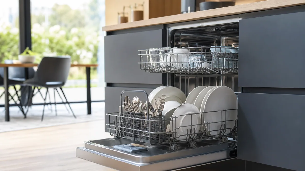 Vaisselle propre rangée dans un lave-vaisselle ouvert dans une cuisine lumineuse