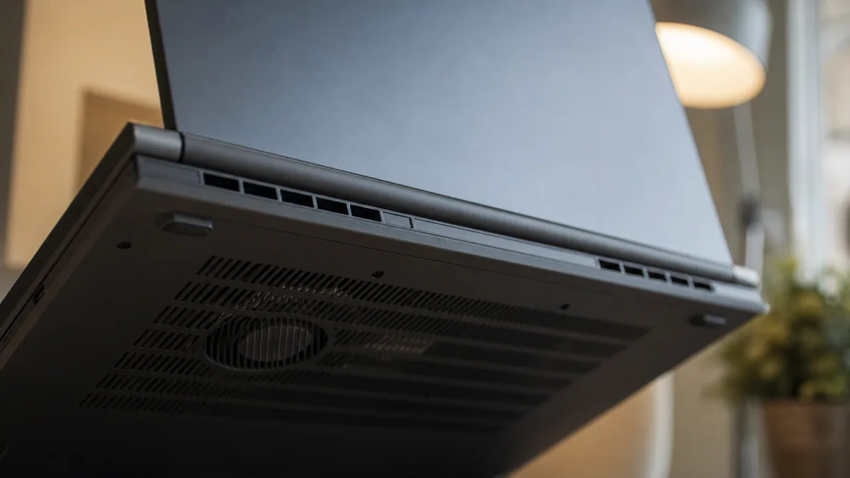 Dessous d'un ordinateur portable ouvert laissant apparaître le ventilateur et le radiateur