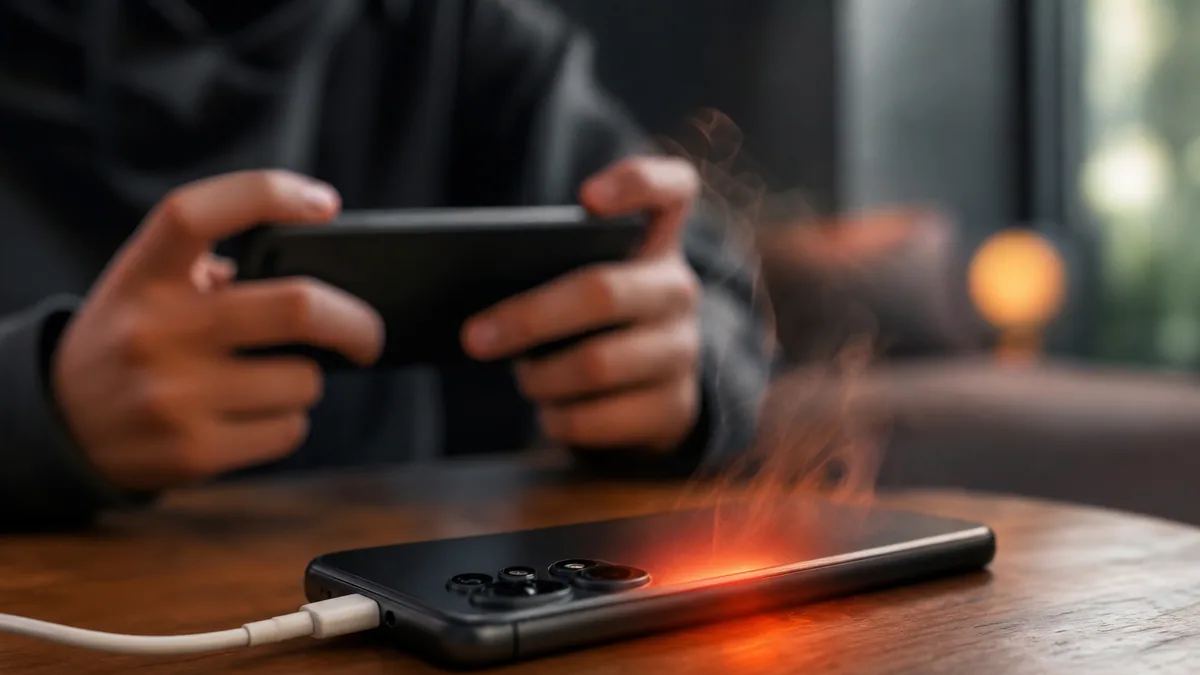 Smartphone branché à un câble de recharge, écran allumé sur un jeu vidéo mobile