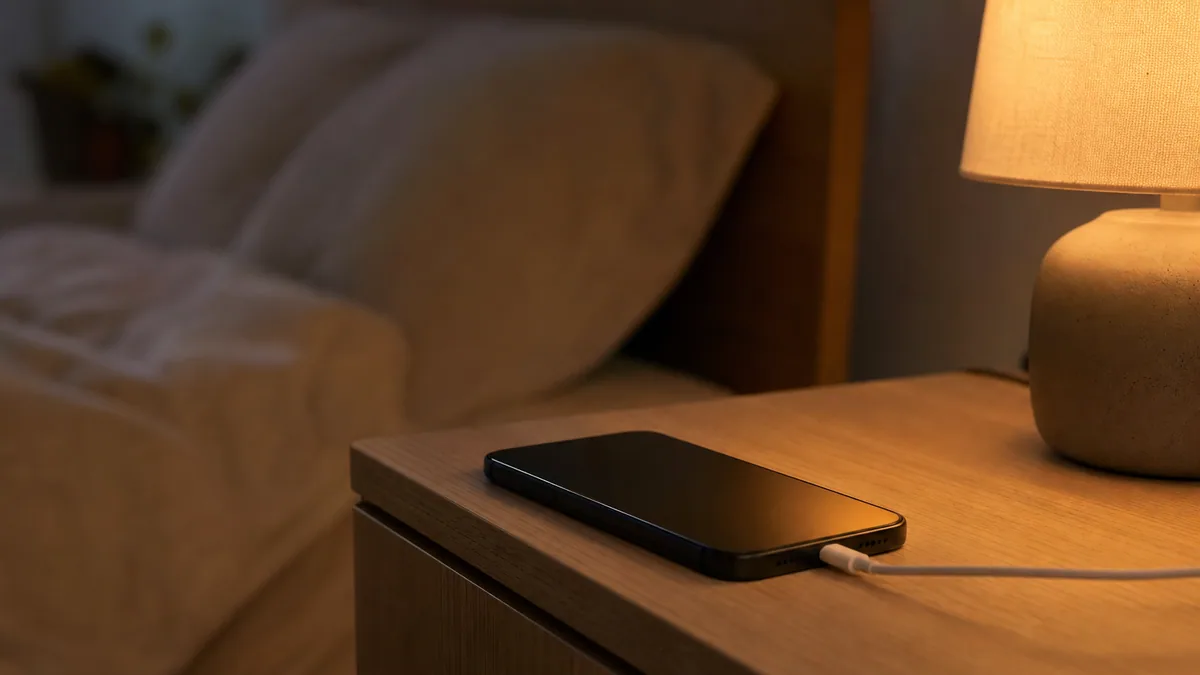Smartphone écran éteint posé sur une table de chevet avec un câble de charge