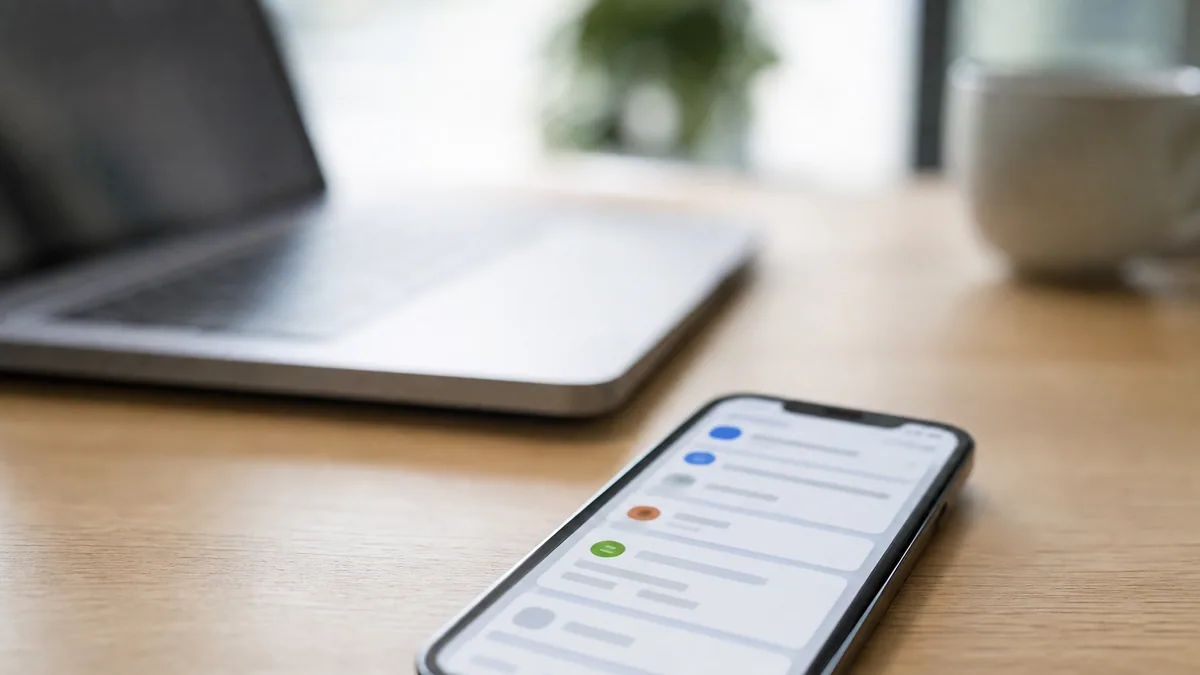 Application bancaire sur smartphone affichant un virement en cours, posé sur un bureau