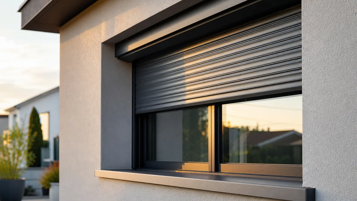 Fenêtre de maison avec un volet roulant électrique à moitié fermé, façade en lumière de fin de journée