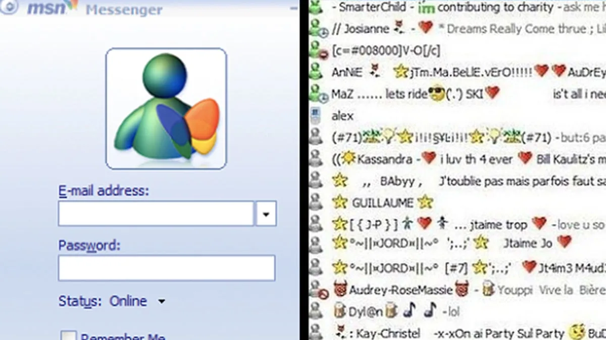 Ancienne fenêtre de discussion MSN Messenger sur un écran d’ordinateur, avec liste de contacts en ligne