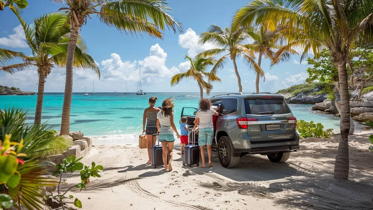 Famille chargeant des bagages dans une voiture de location devant un paysage de vacances