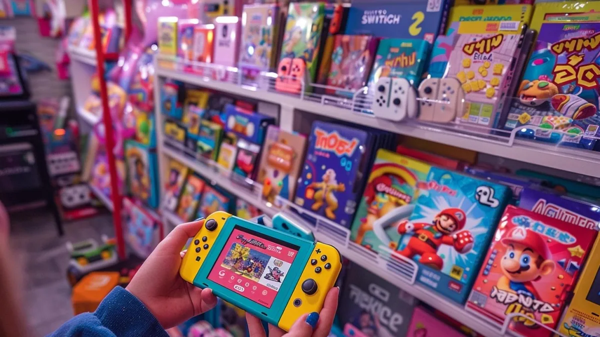 Nintendo Switch avec manettes colorées, jeux et accessoires présentés dans un contexte de soldes