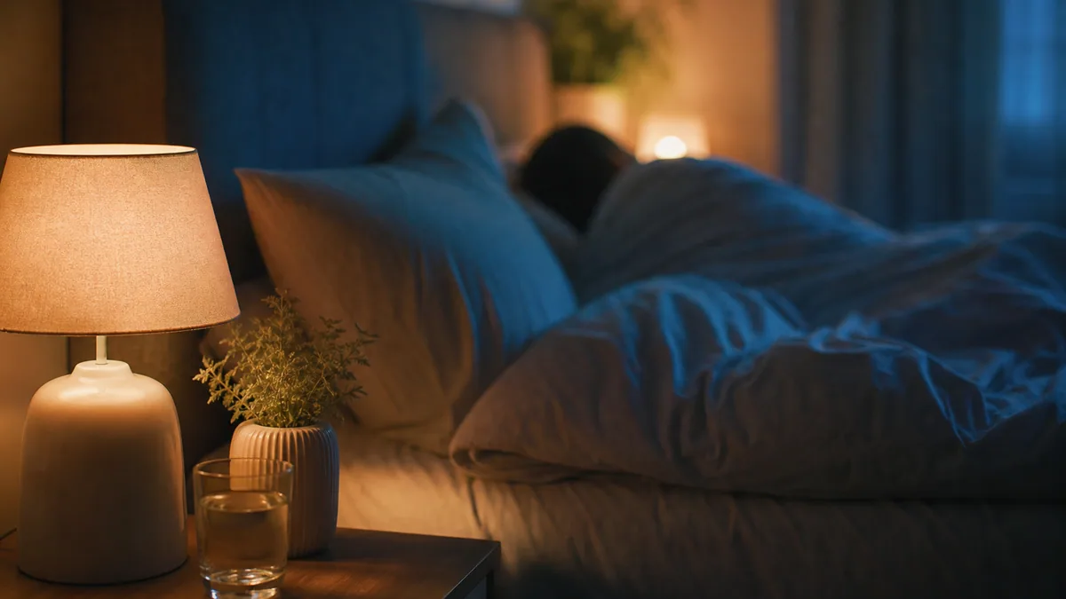 Personne endormie sur le dos dans un lit avec oreillers, lumière tamisée de chambre