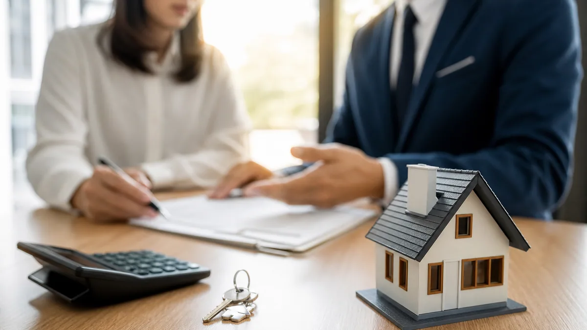 Couple comparant des offres de prêt immobilier avec calculatrice et documents bancaires sur une table