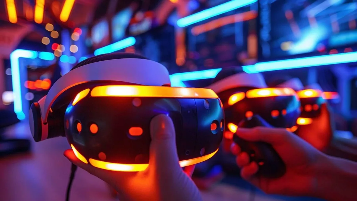 Contrôleurs de réalité virtuelle fixés sur une monture ProTube VR devant un casque VR