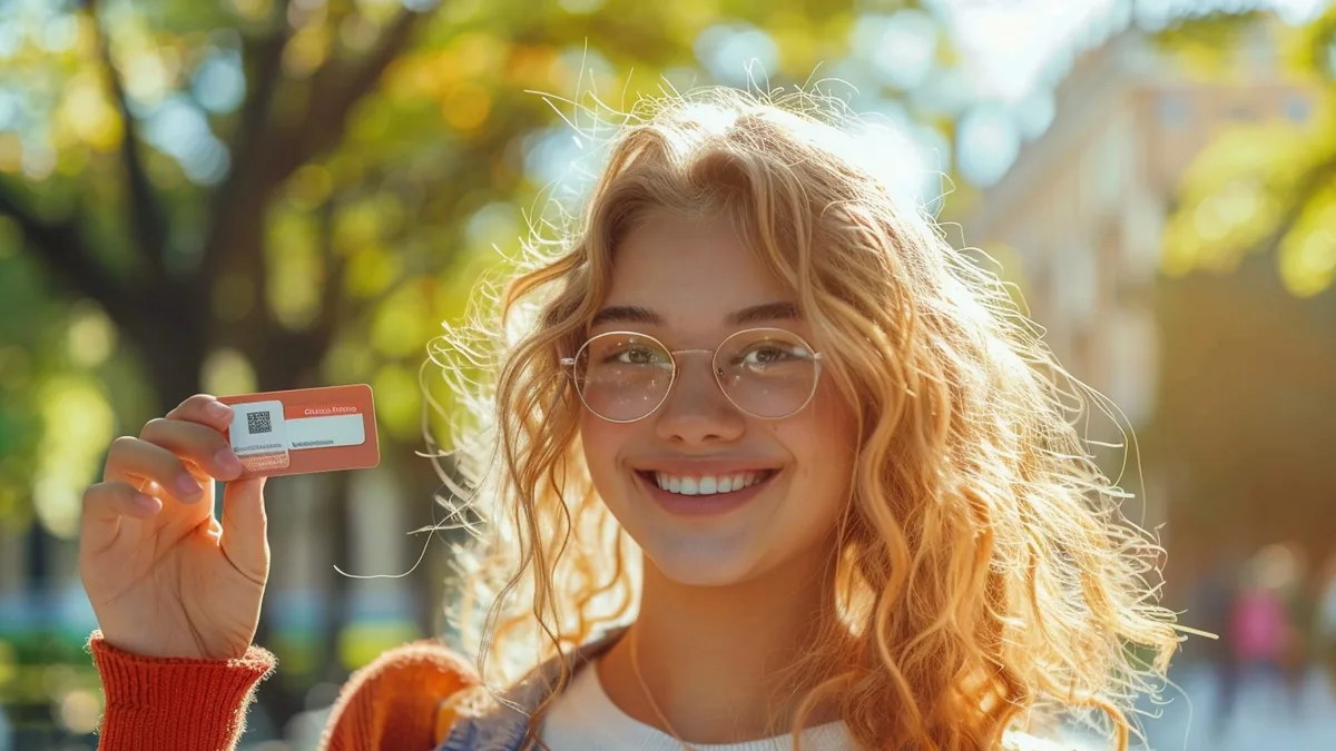 Étudiante présentant sa carte universitaire devant l’entrée d’un campus