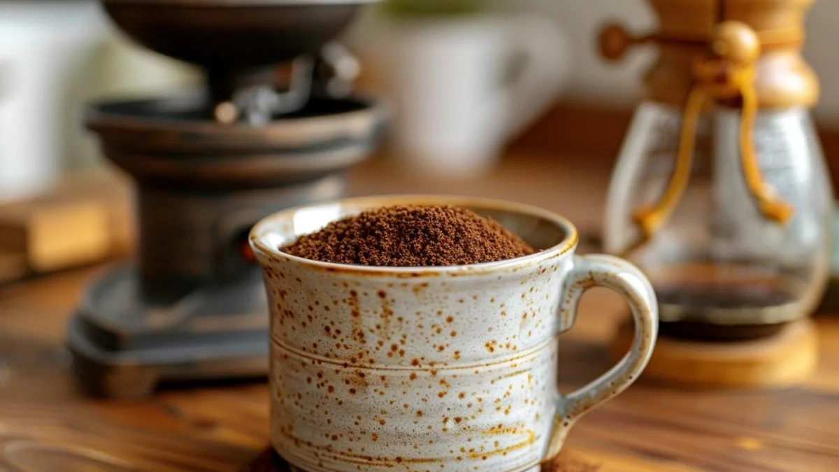 Marc de café séché dans un bol, près d’une plante verte et d’ustensiles de jardinage