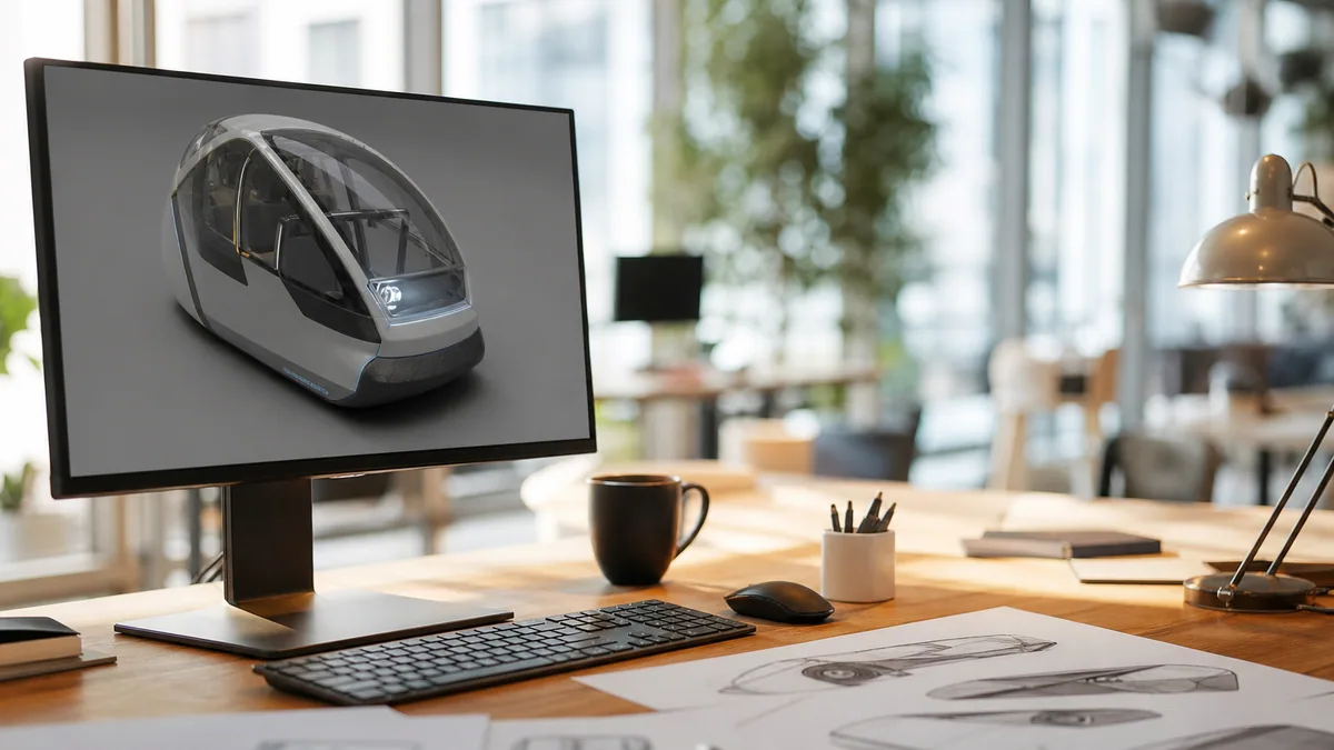 Illustrateur 3D créant le rendu réaliste d’un produit sur deux écrans d’ordinateur