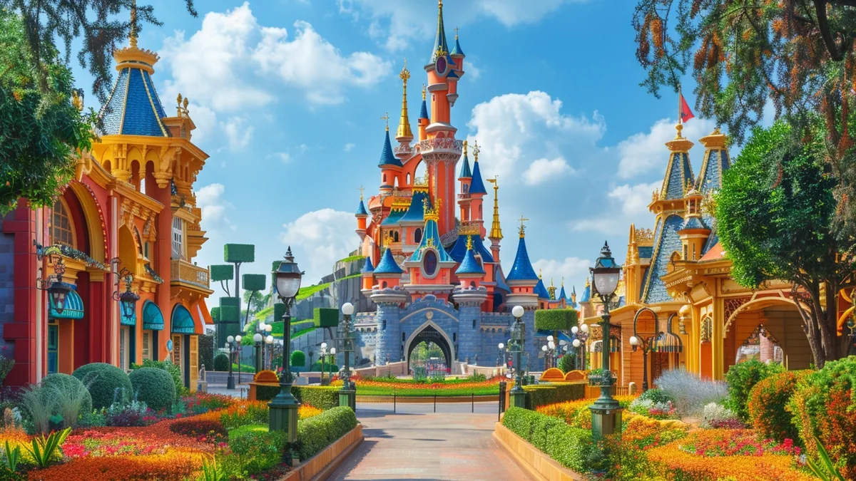 Château de la Belle au Bois Dormant rose au cœur de Disneyland Paris, avec jardins et visiteurs
