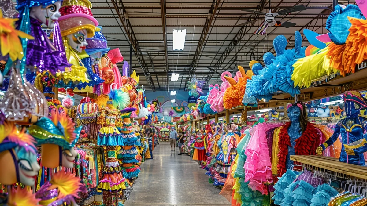 Personne souriante en costume coloré de carnaval, masque à la main et confettis en arrière-plan