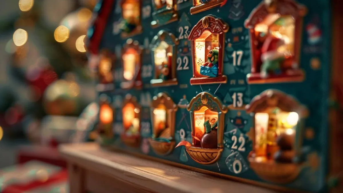 Calendrier de l’avent en carton avec petites fenêtres numérotées ouvertes et surprises de Noël