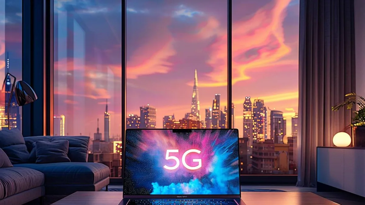 Ordinateur portable ouvert connecté en 5G avec carte de couverture réseau en arrière-plan