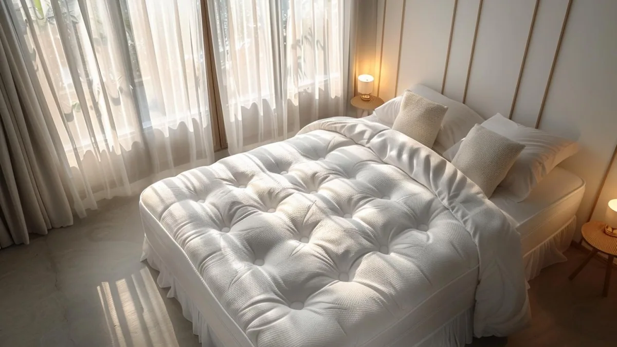 Matelas double moderne dans une chambre lumineuse, avec oreillers et linge de lit clair
