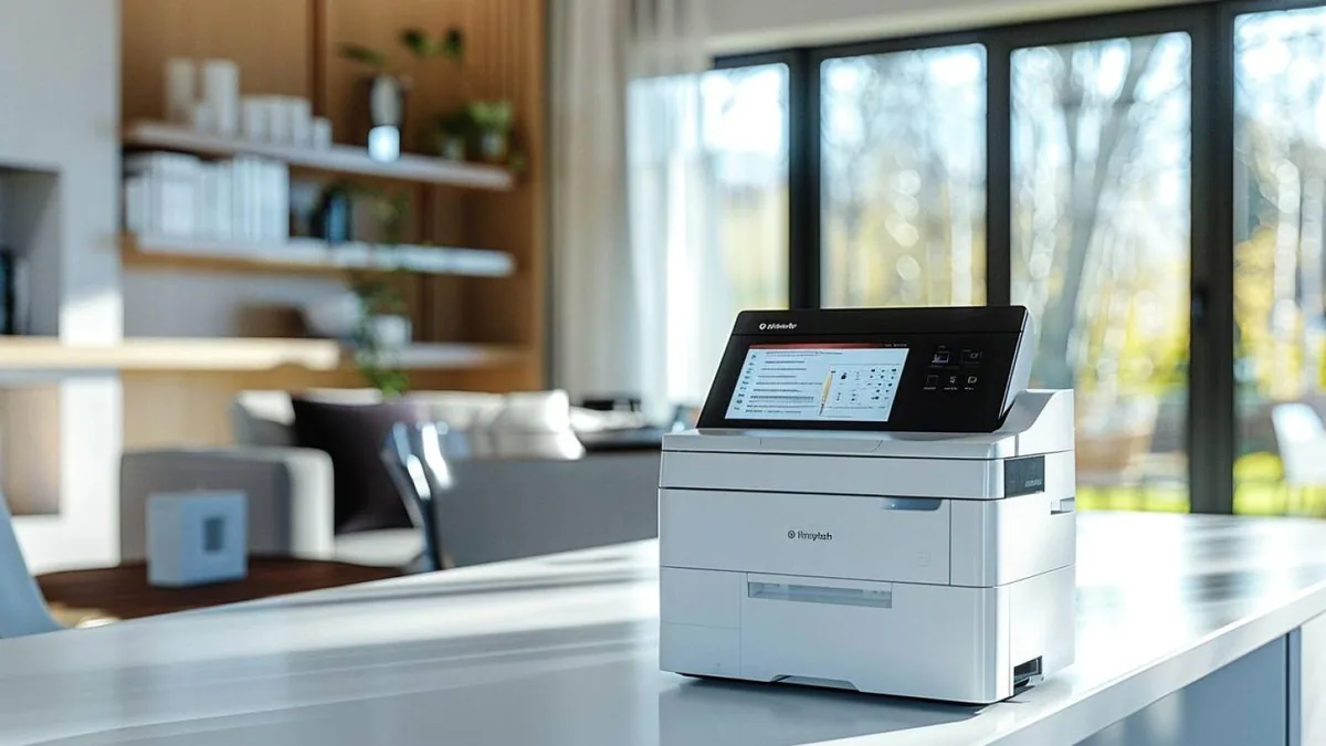 Imprimante multifonction compacte sur un bureau familial avec feuilles, ordinateur portable et documents couleur