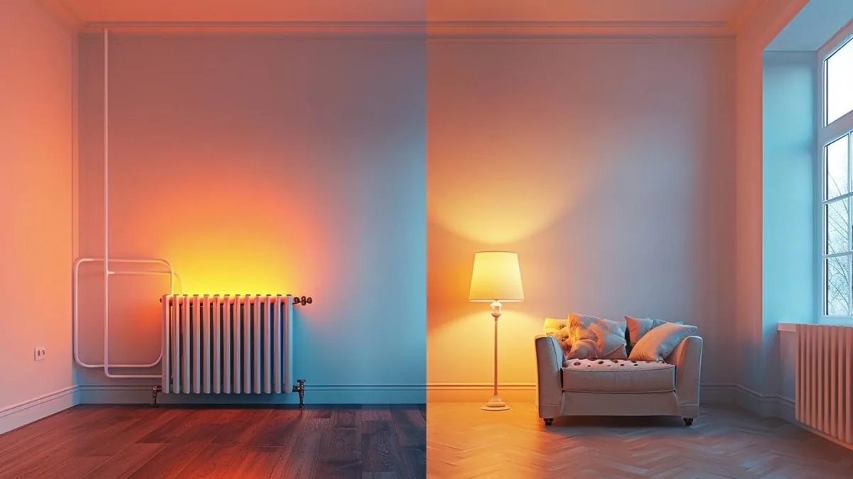 Radiateur mural et poêle dans un salon illustrant deux modes de chauffage domestique
