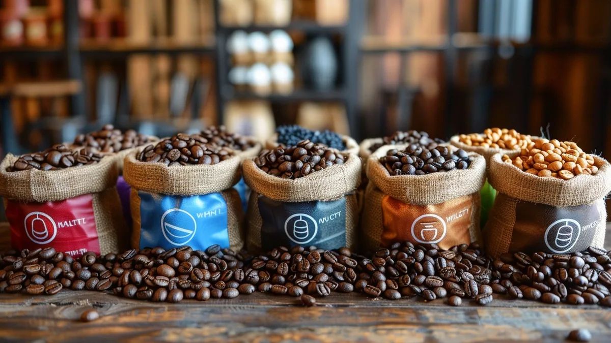 Sac de café en grain, grains torréfiés et tasse d’espresso sur une table en bois