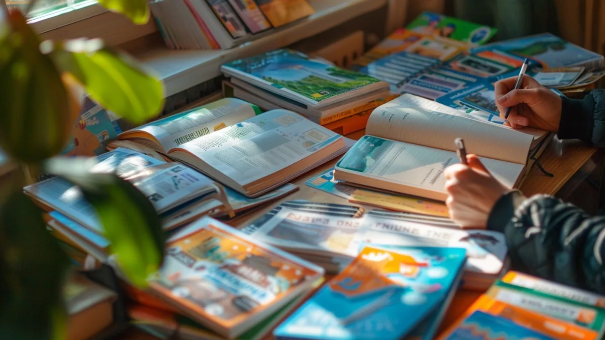 Personne avec casque et carnet de vocabulaire, suivant une leçon de langue sur ordinateur portable