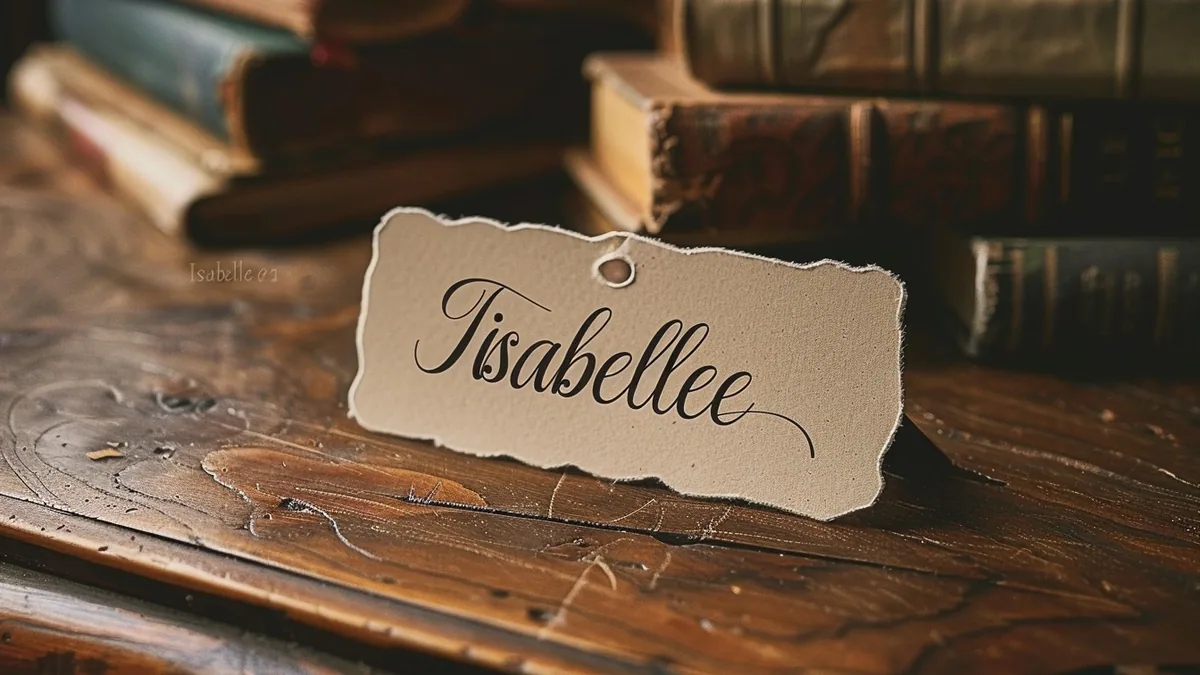 Prénom Isabelle écrit en lettres élégantes sur un carnet, entouré de fleurs blanches