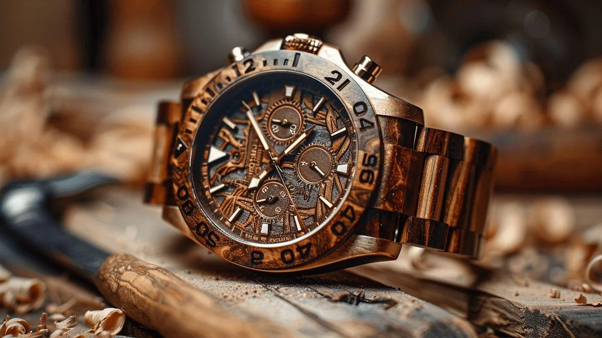 Montre-bracelet en bois brun posée sur une table avec mécanisme et outils d’horlogerie