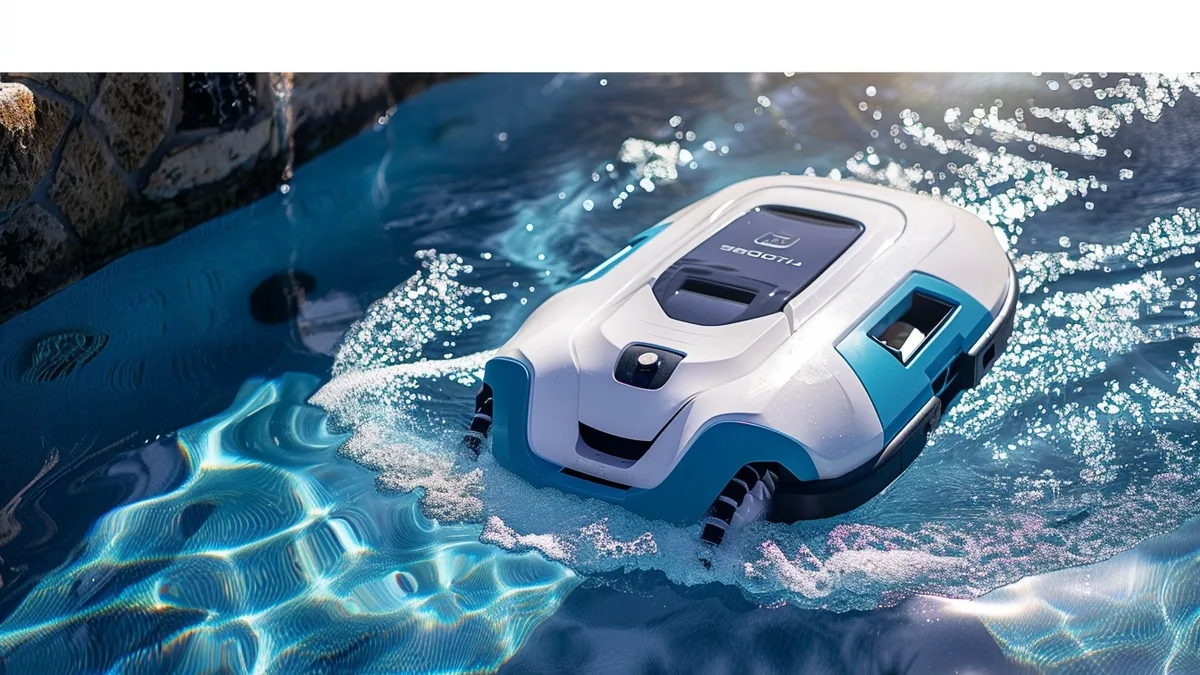 Robot hydraulique nettoyant le fond d’une piscine bleue avec son tuyau flottant raccordé à la paroi