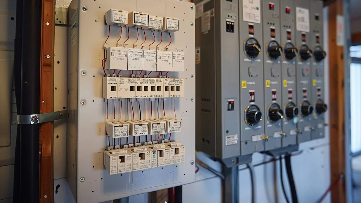 Tableau électrique professionnel avec disjoncteurs, câblage repéré et appareils de mesure