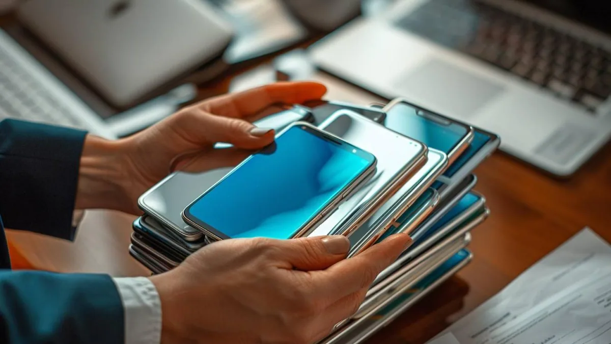 Cartons de smartphones et documents de conformité sur le bureau d’un grossiste