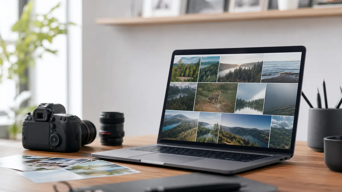 Ordinateur affichant une galerie de photos avec appareil photo et dossiers de visuels sur un bureau