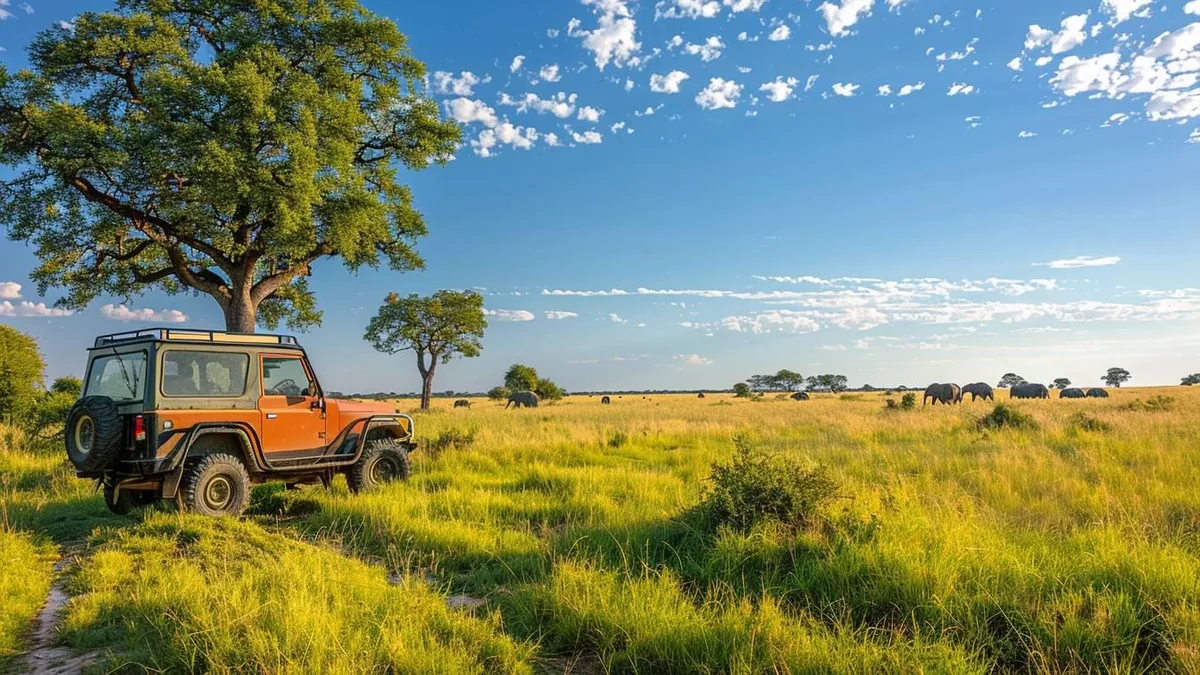 Éléphants traversant une lagune du delta de l’Okavango au coucher du soleil