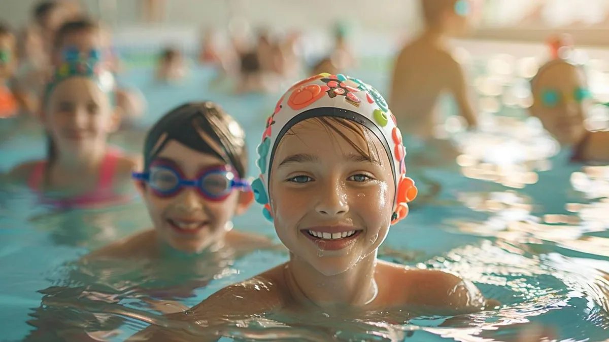 Enfant et adulte en cours de natation avec un moniteur dans un bassin intérieur