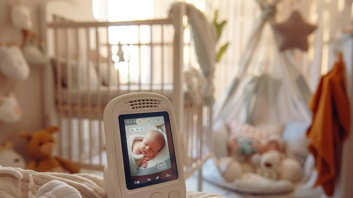 Caméra de babyphone connectée fixée au mur dans une chambre de bébé avec câble sécurisé