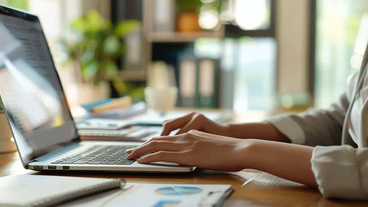 Personne rédigeant un compte rendu structuré avec notes, décisions et tableau d’actions sur ordinateur