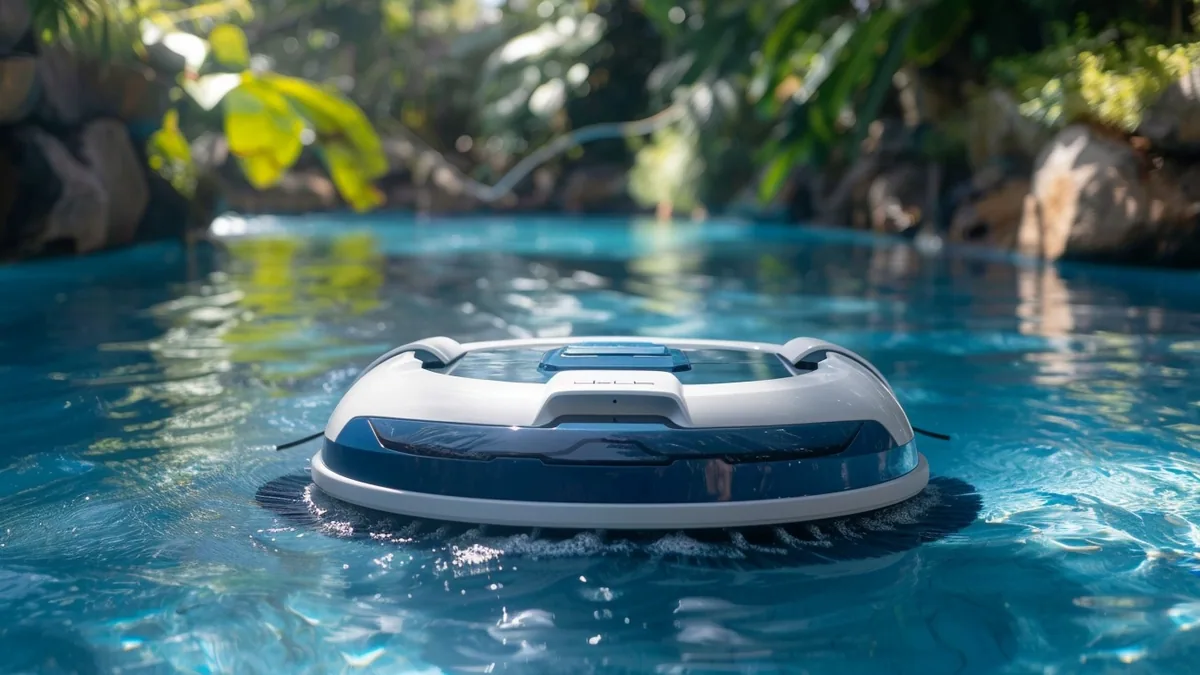 Robot électrique nettoyant les parois et le fond d’une piscine aux parois bleues