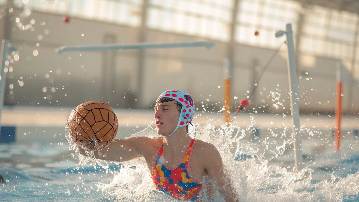 Joueur de water-polo portant un bonnet à protège-oreilles et tenant un ballon dans une piscine